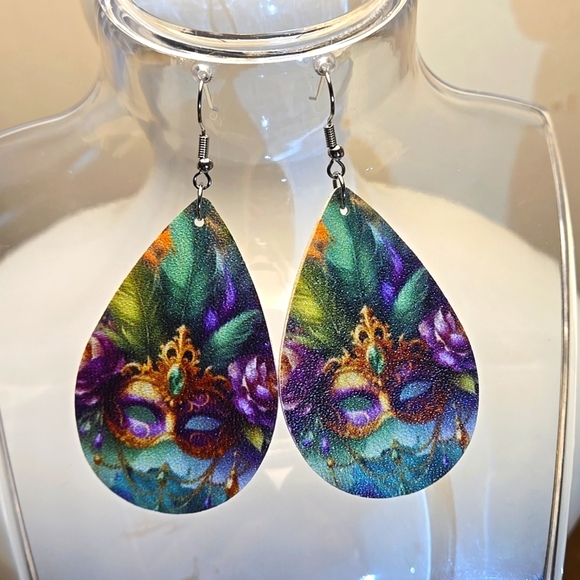 Mask Peacock Feather Artificial Leather Earrings Carnival Mardi Gras Earrings - Picture 6 of 8